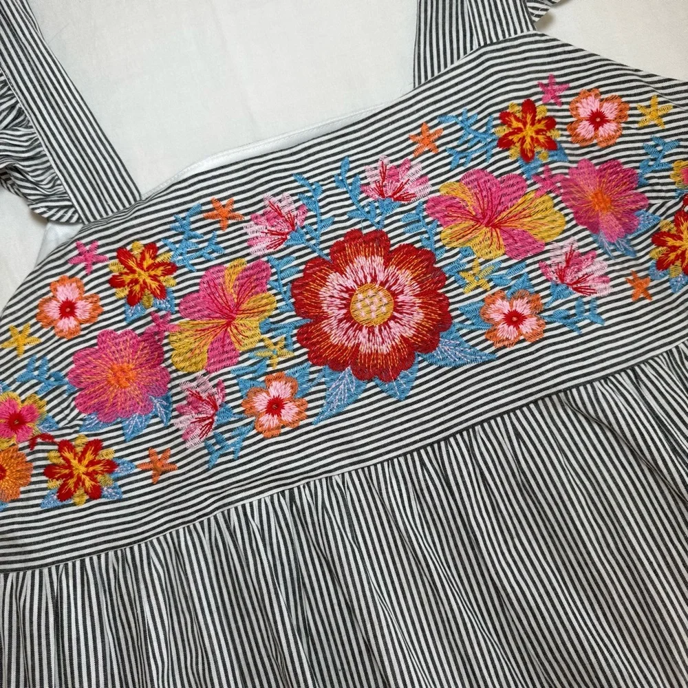 Savanna Jane Dress Large Floral Embroidered Striped Blue Ruffle Shift Travel - Picture 3 of 11